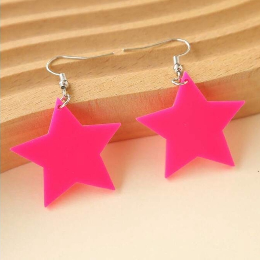 Pink Acrylic Star Silver Hook Earrings - Picture 6 of 14